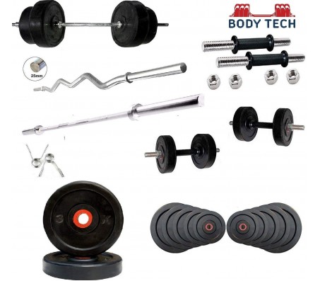  Body Tech Rubber 20kg-Combo with 14 Inches Steel Dumbbells Rod and 3 Feet Curl Rod and 5 Feet Straight Rod 25mm 